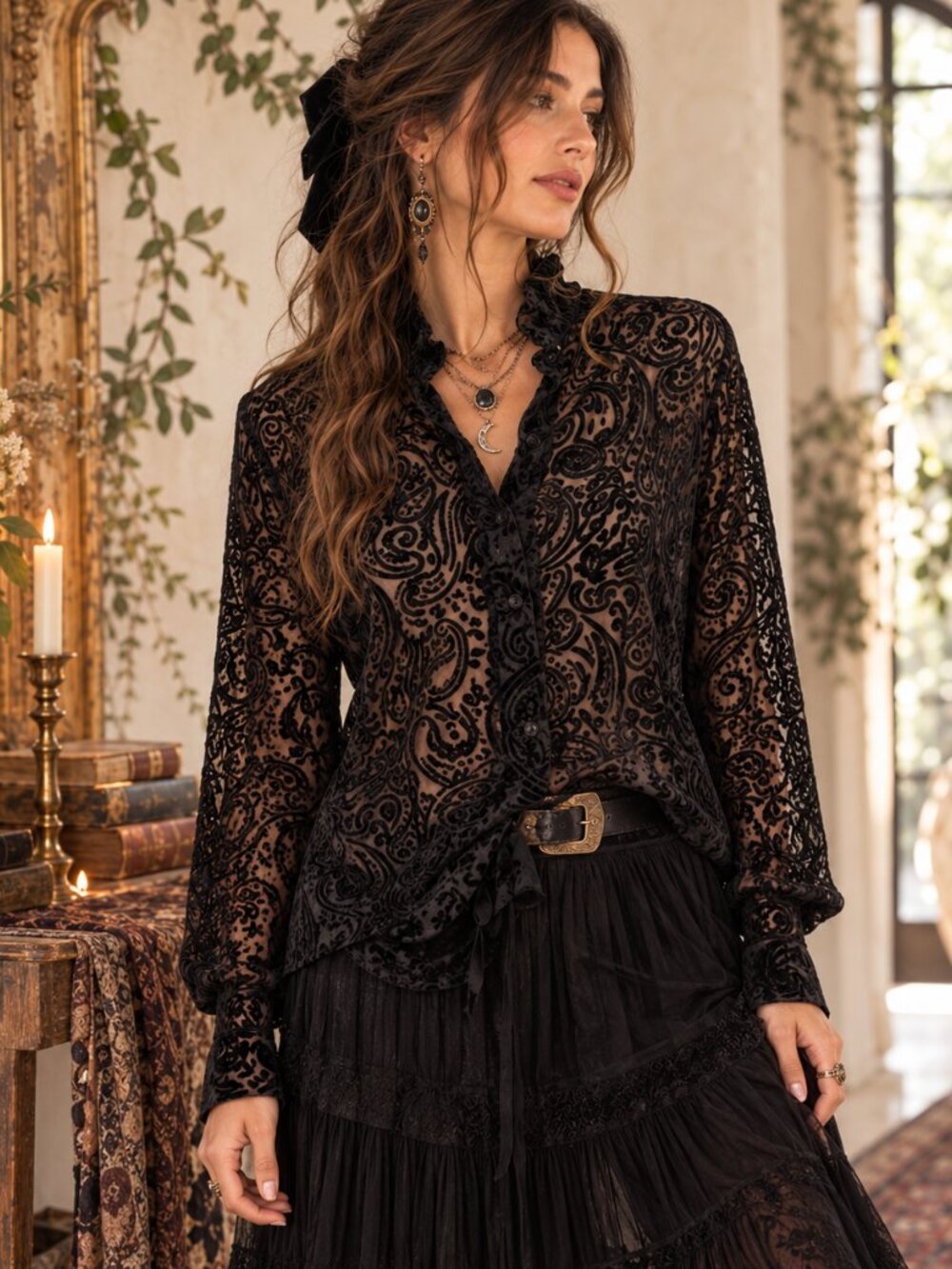 Valerie Stevens Velvet Burnout Blouse Womens S Black Sheer Gothic Victorian Top